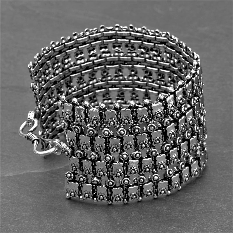 Artisan handmade silver toned brass, decorative tribal disc patterned, large chainmail bracelet designed by OMishka.