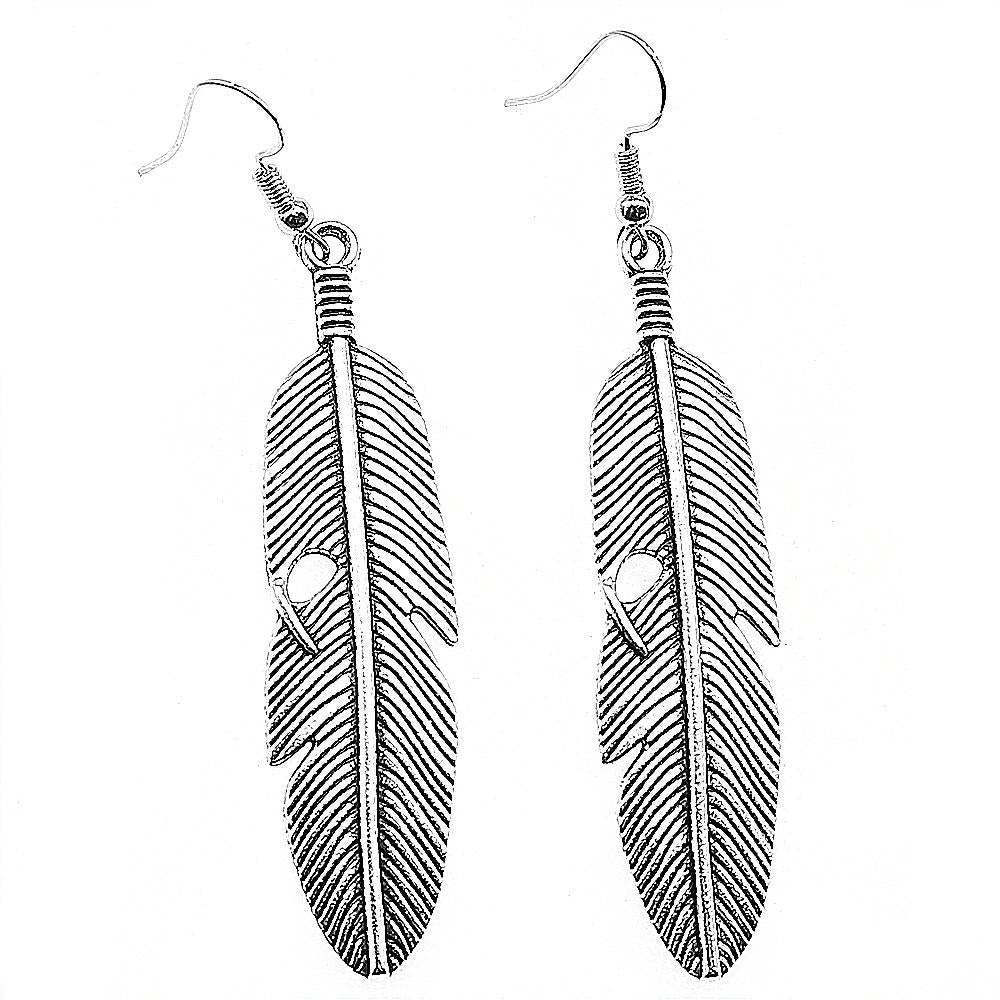 Artisan handmade solid silver, long feather detailed, drop hook earrings designed by OMishka.