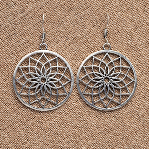 Artisan handmade solid silver, lotus flower mandala, disc drop earrings designed by OMishka.