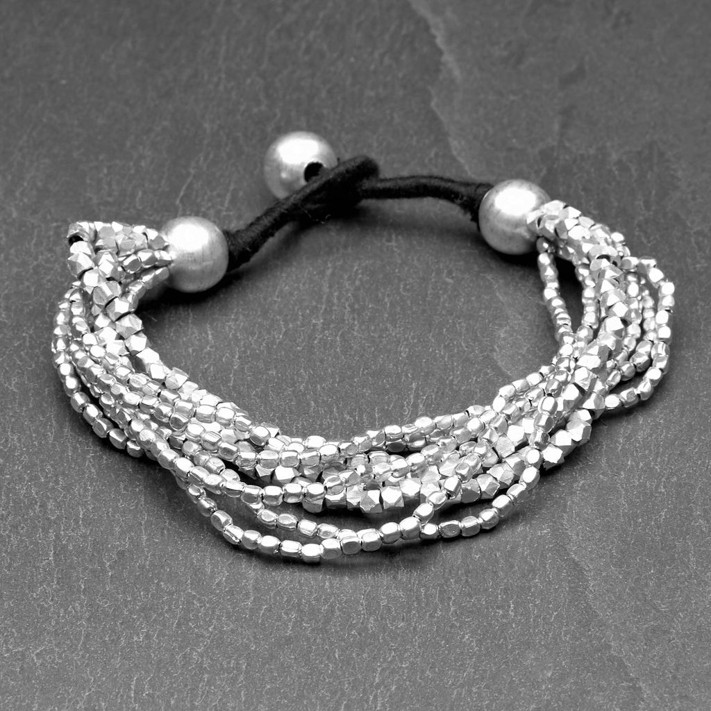 Artisan handmade silver, mixed tiny cube and octagonal beaded, multi strand bracelet designed by OMishka.