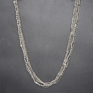 Artisan handmade silver, mixed tiny cube and etched beaded, long multi strand necklace designed by OMishka