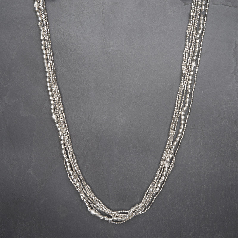 Artisan handmade silver, mixed tiny cube and etched beaded, long multi strand necklace designed by OMishka