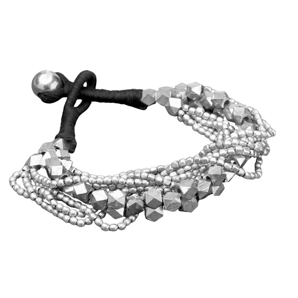Artisan handmade silver, mixed beaded multi strand, chunky bracelet designed by OMishka.