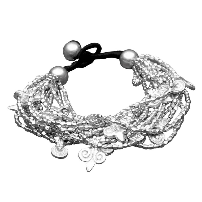 Artisan handmade silver, chunky multi strand beaded, spiral charm bracelet designed by OMishka.