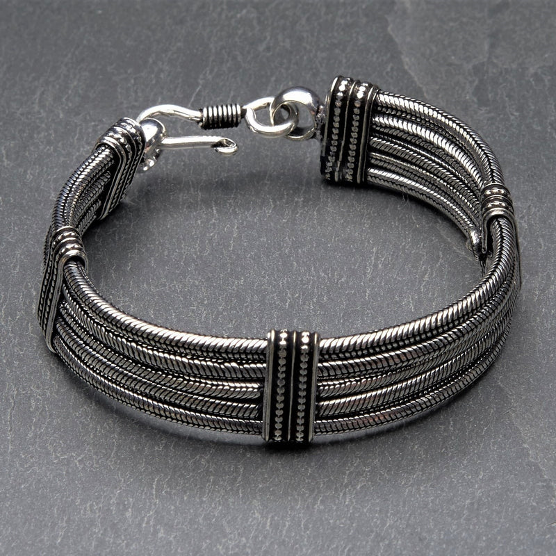 Artisan handmade silver toned brass, multi 5 strand, subtle decorative link, snake chain bracelet designed by OMishka.