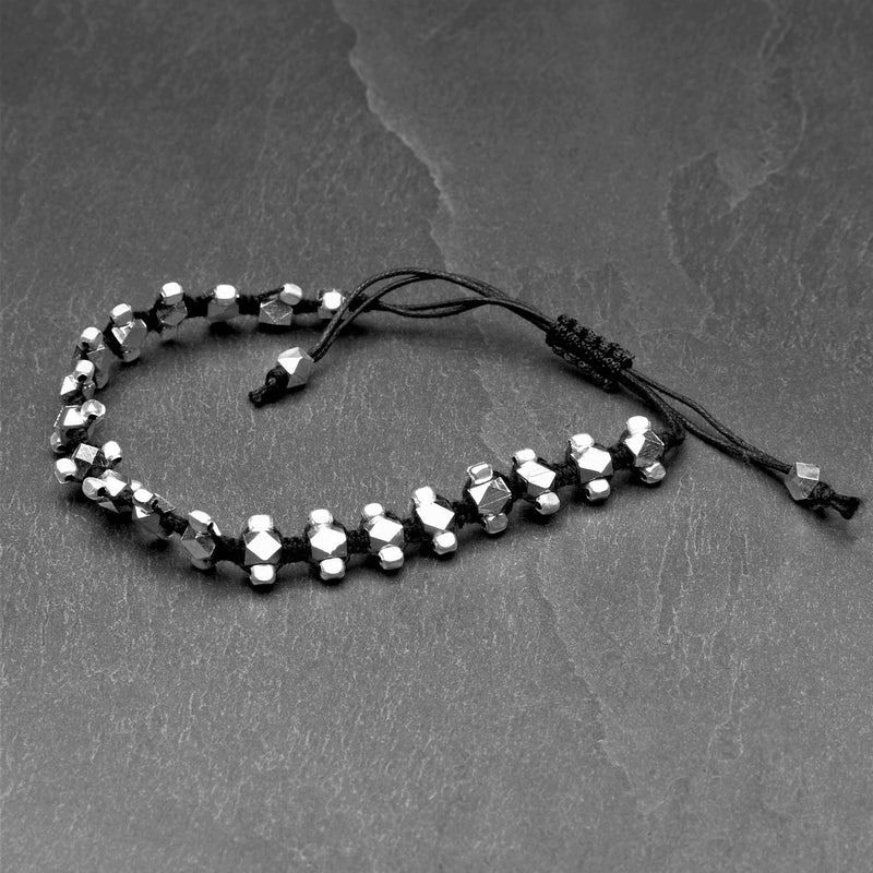 Artisan handmade silver octagonal beaded, adjustable black waxed cord drawstring bracelet designed by OMishka.