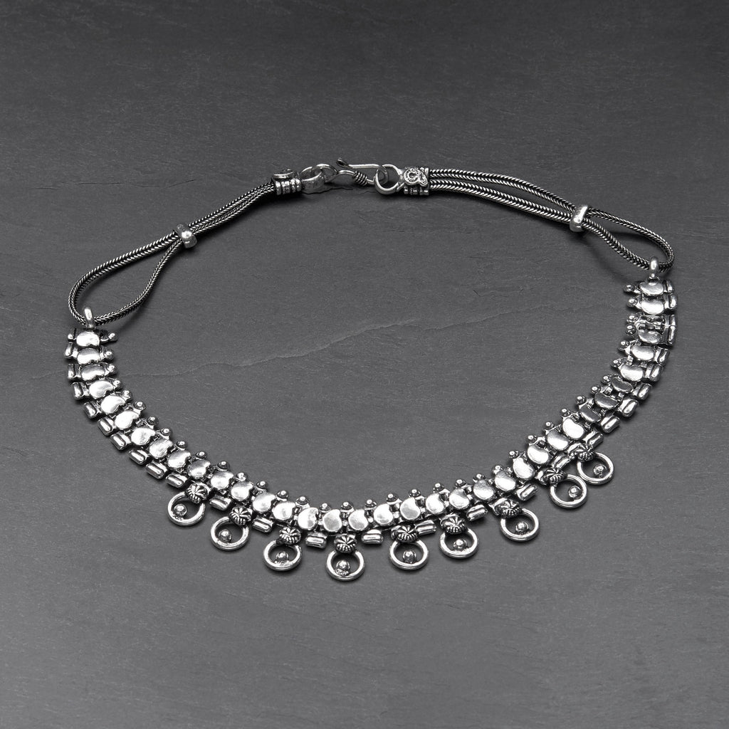 Artisan handmade, silver toned white metal, Banjara Tribe, decorative open circle chain necklace designed by OMishka.
