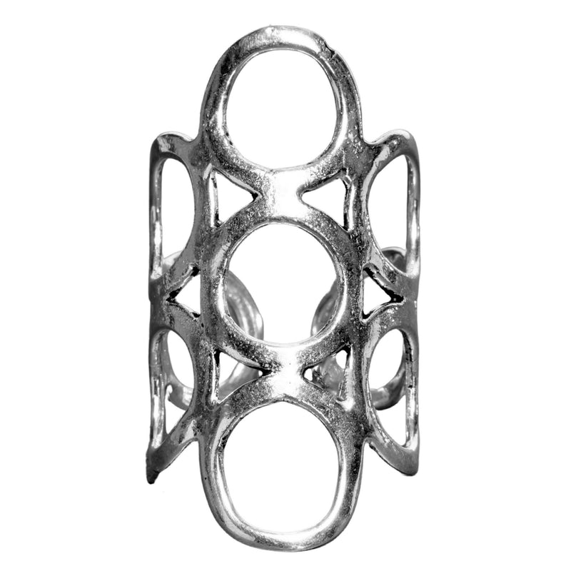 An adjustable, long, artisan handmade solid silver, open circle wrap ring designed by OMishka.