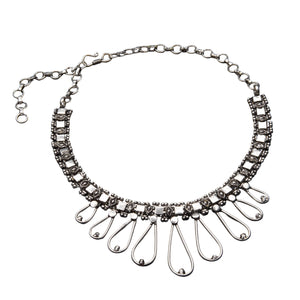 Artisan handmade, silver toned white metal, decorative open teardrop, adjustable chain choker necklace designed by OMishka.