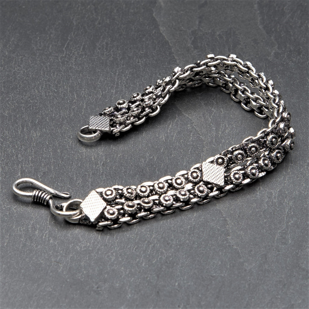 Artisan handmade silver toned brass, diamond patterned, Banjara chainmail bracelet designed by OMishka.