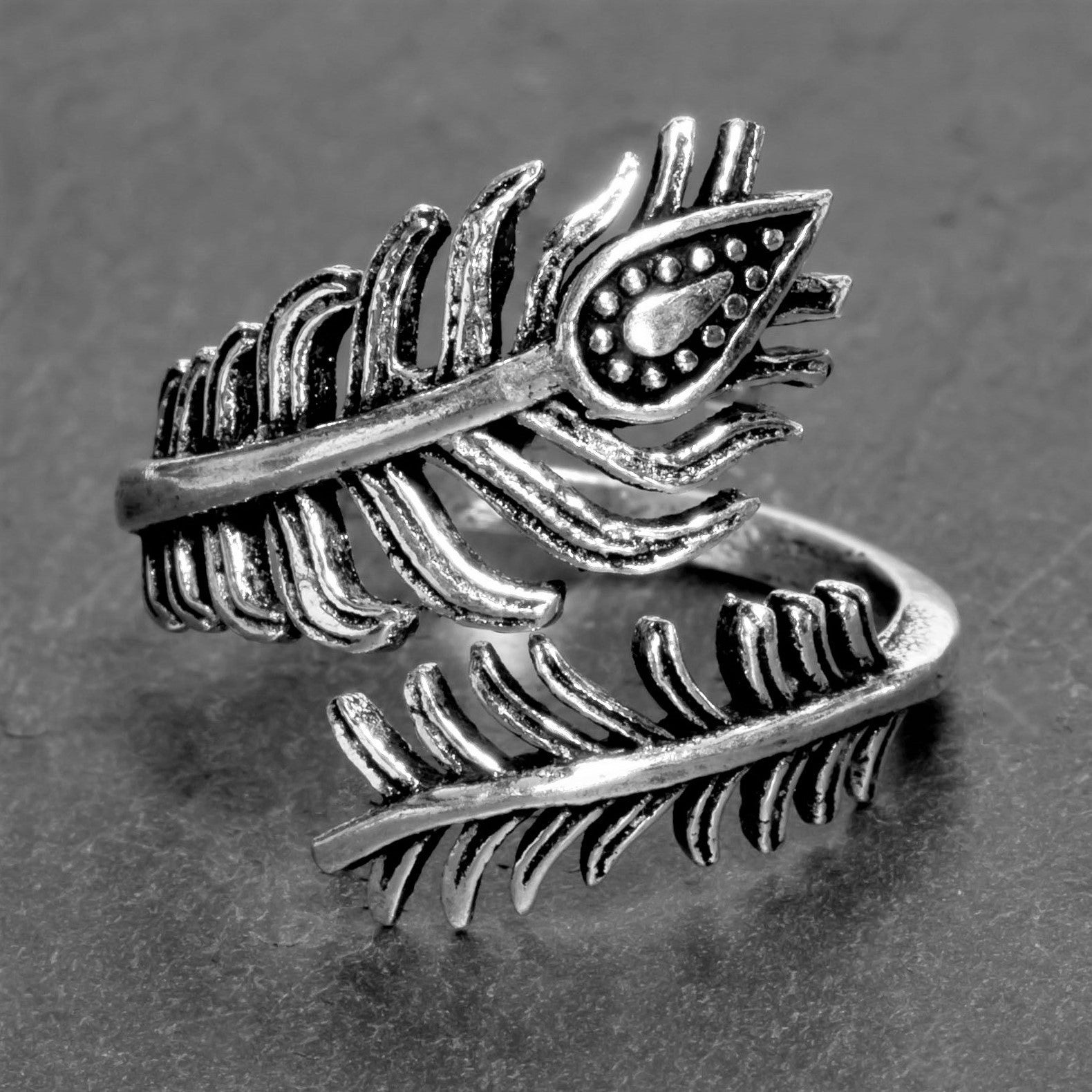 Handmade Silver Peacock Feather Wrap Ring - OMishka
