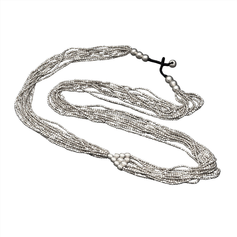 Artisan handmade silver, pyramid beaded, long multi strand necklace designed by OMishka.