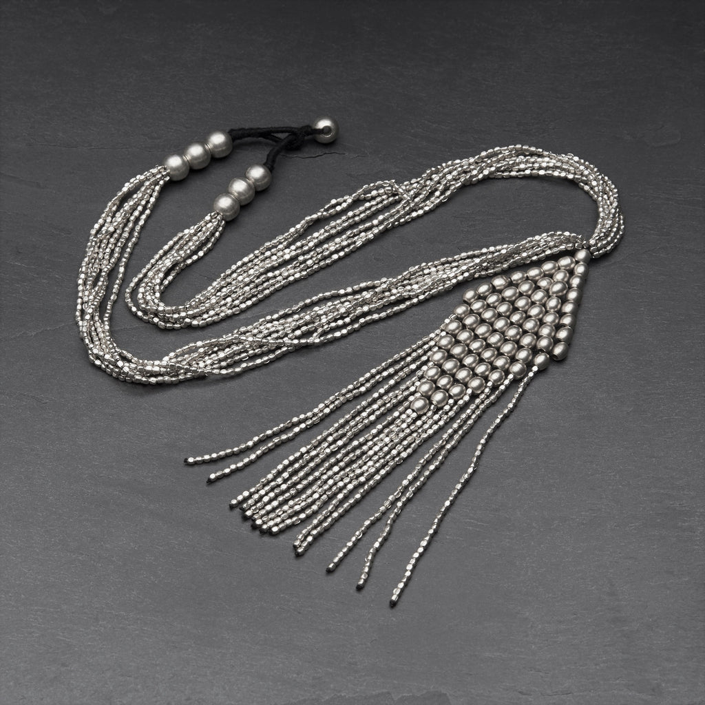 Artisan handmade silver toned brass, beaded rhombus, multi strand tassel necklace designed by OMishka.