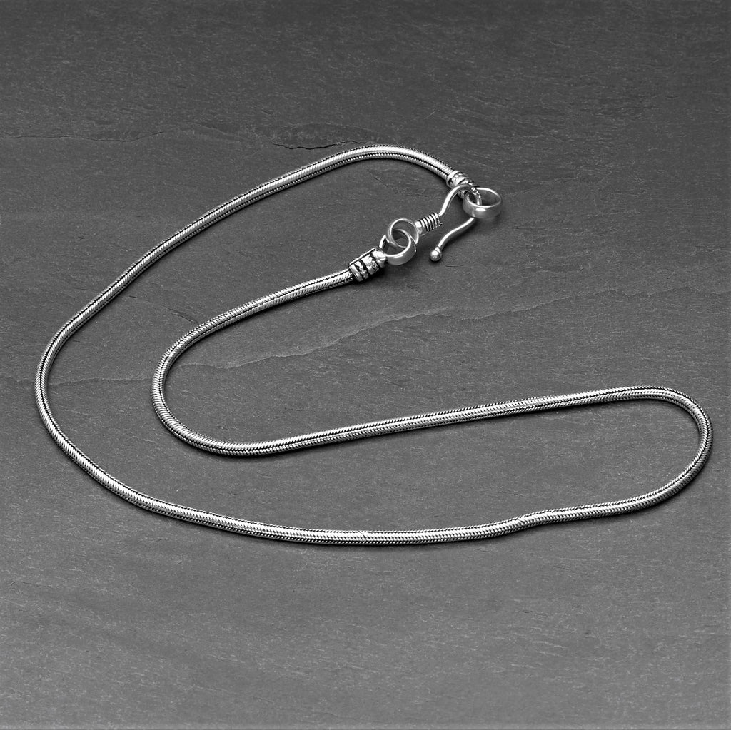 Artisan handmade silver, single strand snake chain necklace designed by OMishka.