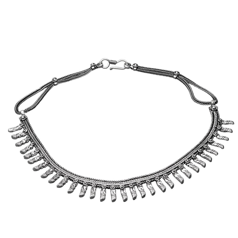 Artisan handmade, silver toned white metal, spiked snake chain, collar necklace designed by OMishka.