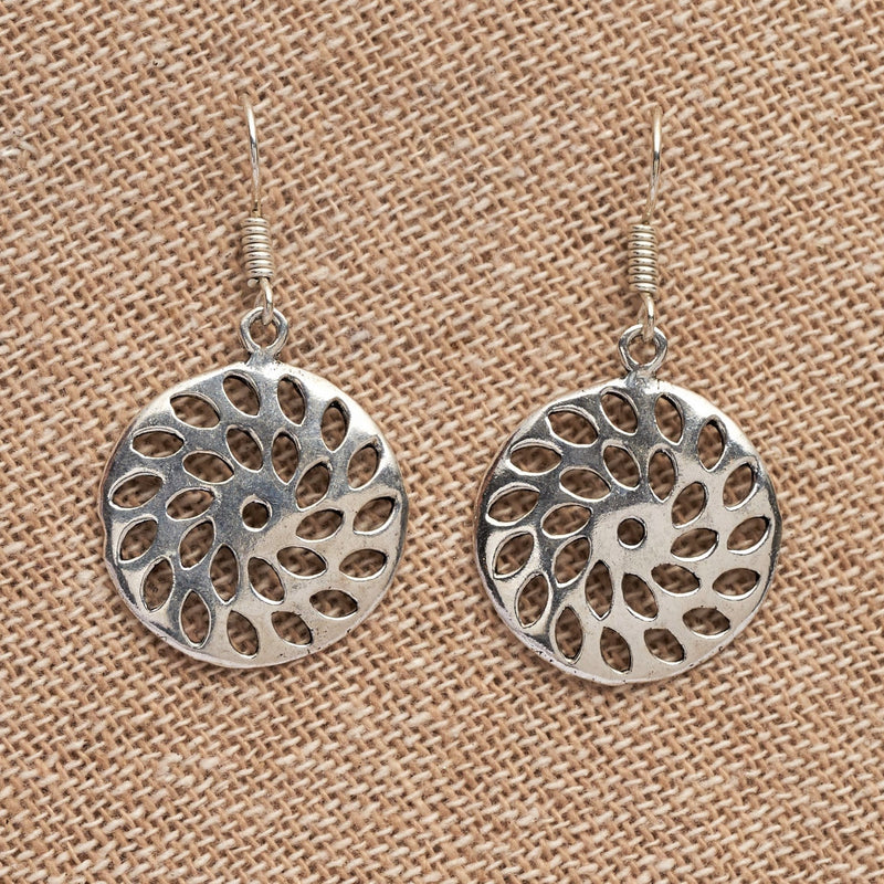 Artisan handmade solid silver, dainty, cut out sun inspired disc drop earrings designed by OMishka. 