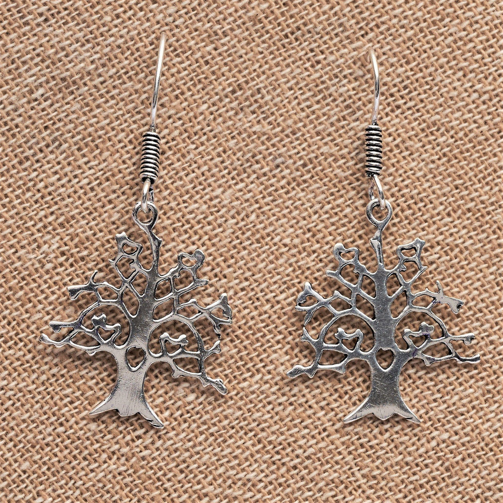 Artisan handmade solid silver, detailed tree of life, drop hook earrings designed by OMishka.