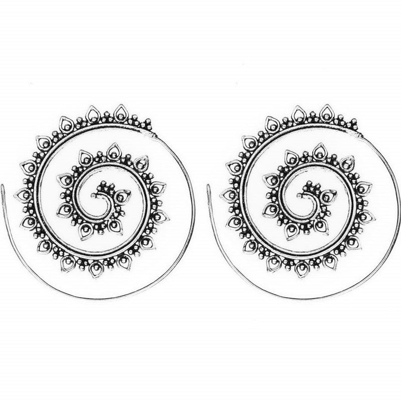 Artisan handmade solid silver, tribal dotwork decorated, spiral hoop earrings designed by OMishka.