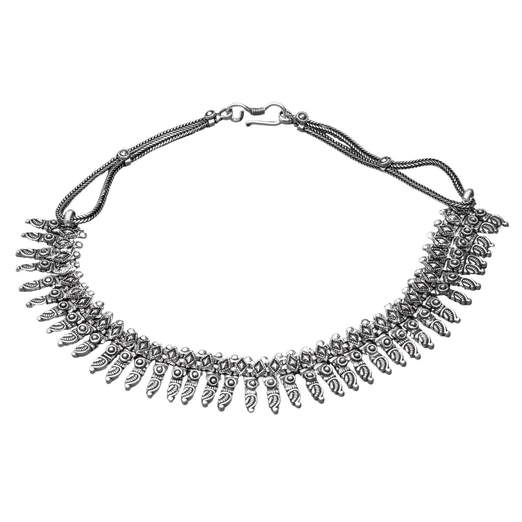 Artisan handmade silver toned white metal, tribal patterned disc and beaded, chainmail necklace designed by OMishka.