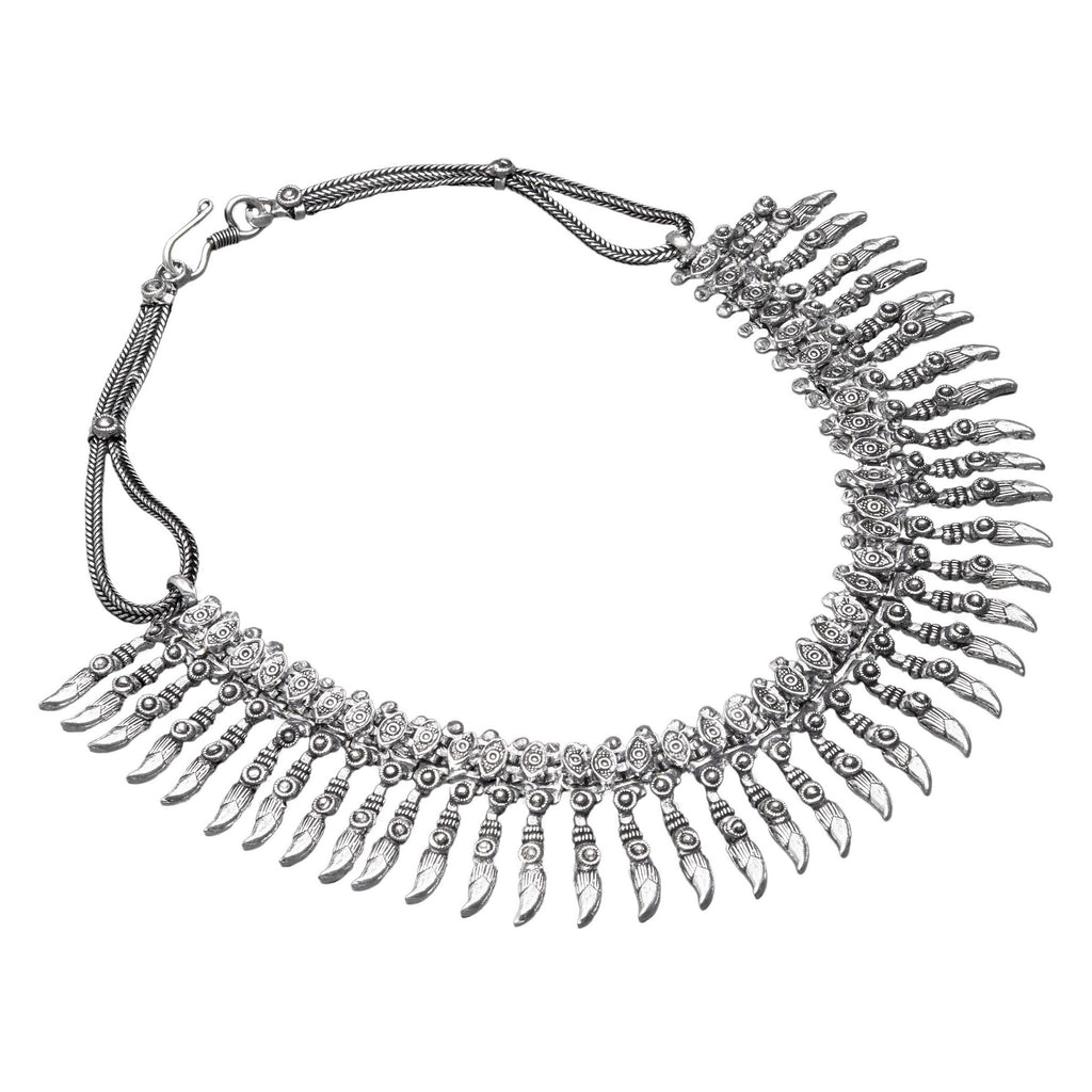 Artisan handmade, silver toned white metal, Banjara Tribe, decorative long spiked, collar necklace designed by OMishka.