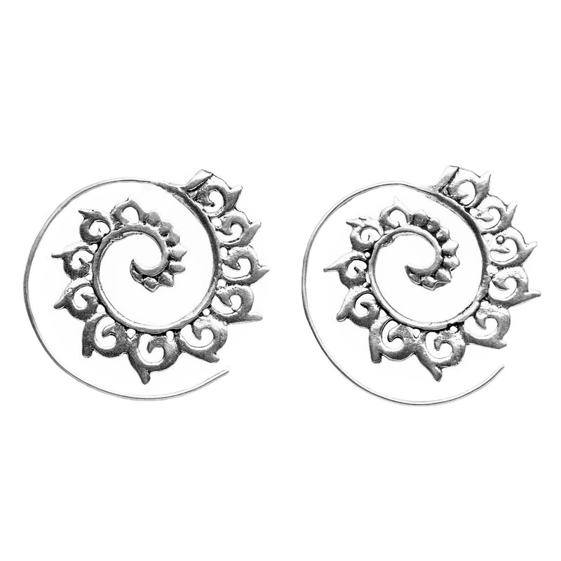 Chunky, artisan handmade solid silver, crested ocean wave detailed spiral hoop earrings designed by OMishka.