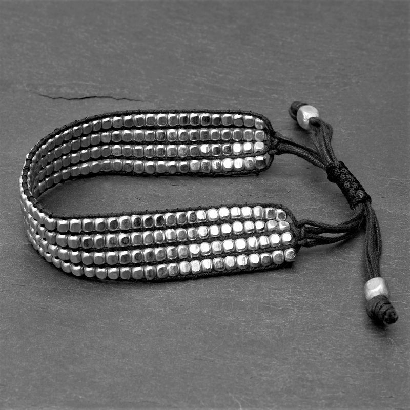 Artisan handmade silver cube beaded, Naga tribe slim woven adjustable drawstring bracelet designed by OMishka.