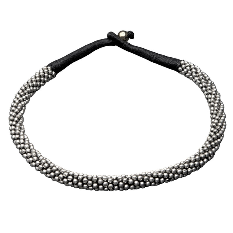 Artisan handmade tiny silver beaded, black woven hemp cord, collar necklace designed by OMishka.