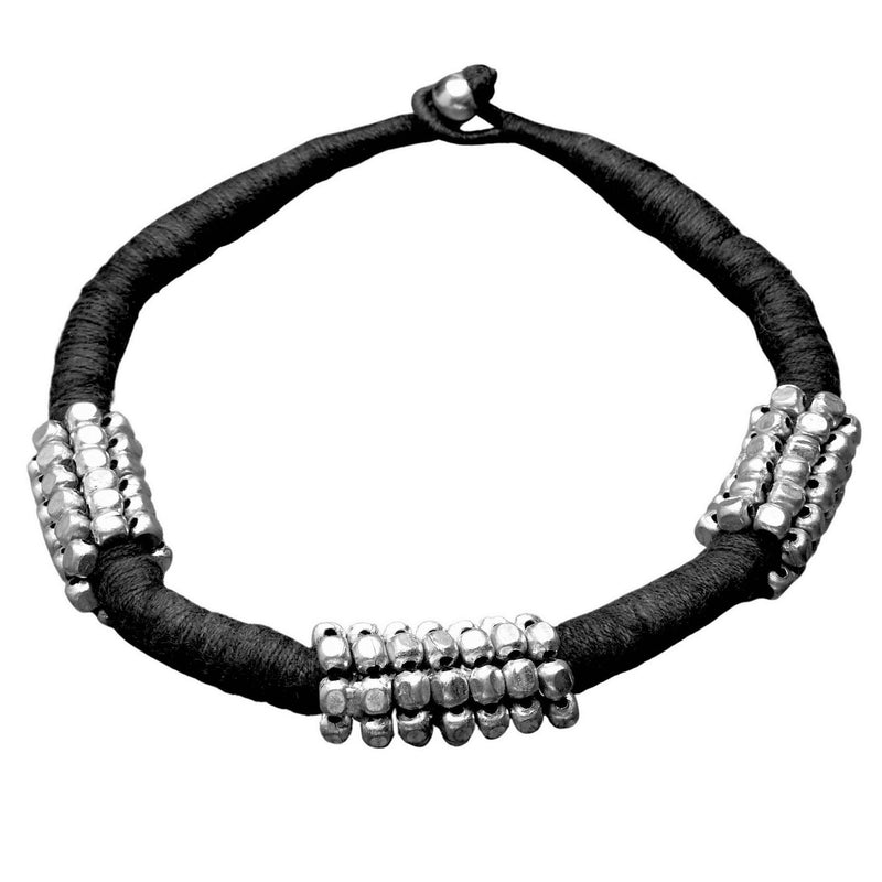 Artisan handmade chunky silver beaded, black woven hemp cord, choker necklace designed by OMishka.