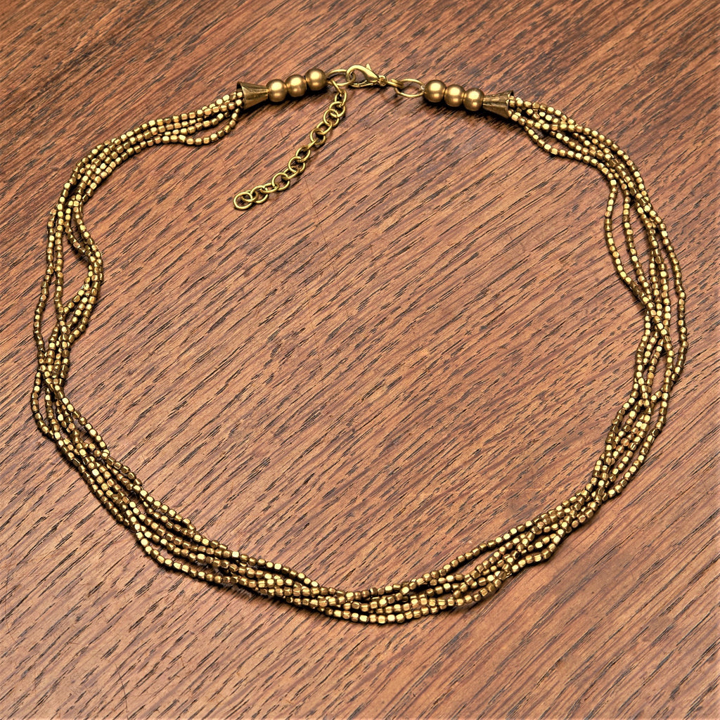 Artisan handmade, simple pure brass beaded multi strand, adjustable necklace designed by OMishka.