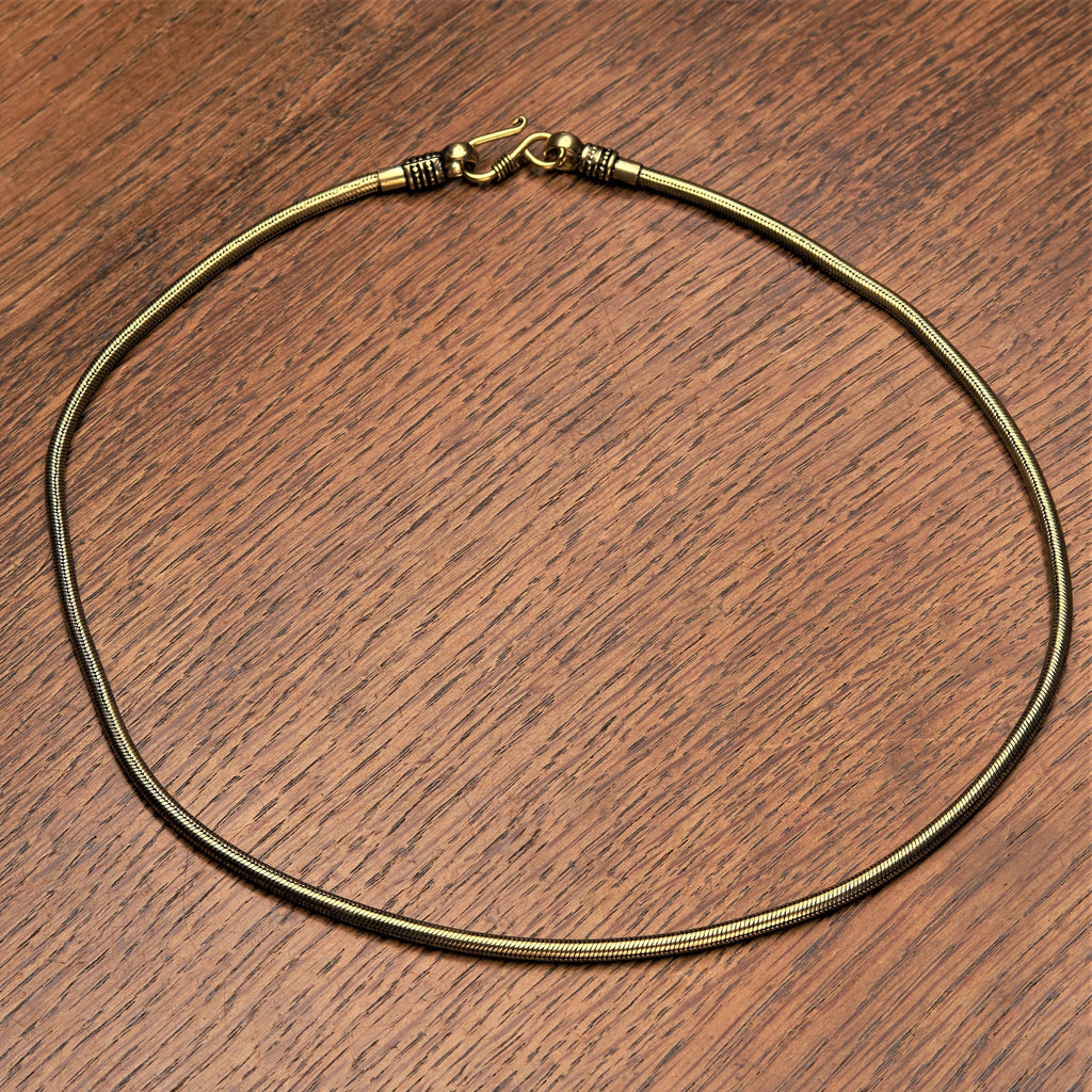 Artisan handmade pure brass, simple snake chain necklace designed by OMishka.