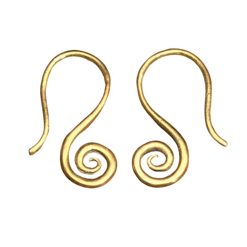 Artisan handmade pure brass, simple spiral hook earrings designed by OMishka.