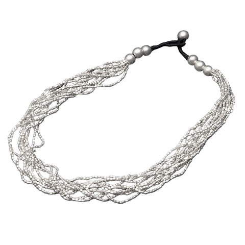Long Single Strand Silver & Black Beaded Necklace