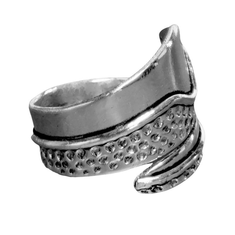 An adjustable, artisan handmade smooth solid silver, dotted and swirl patterned wrap ring designed by OMishka.