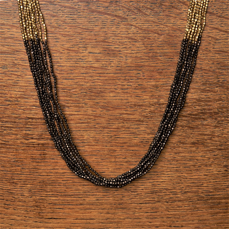 Artisan handmade, striped pure golden and black brass, beaded multi strand necklace designed by OMishka.