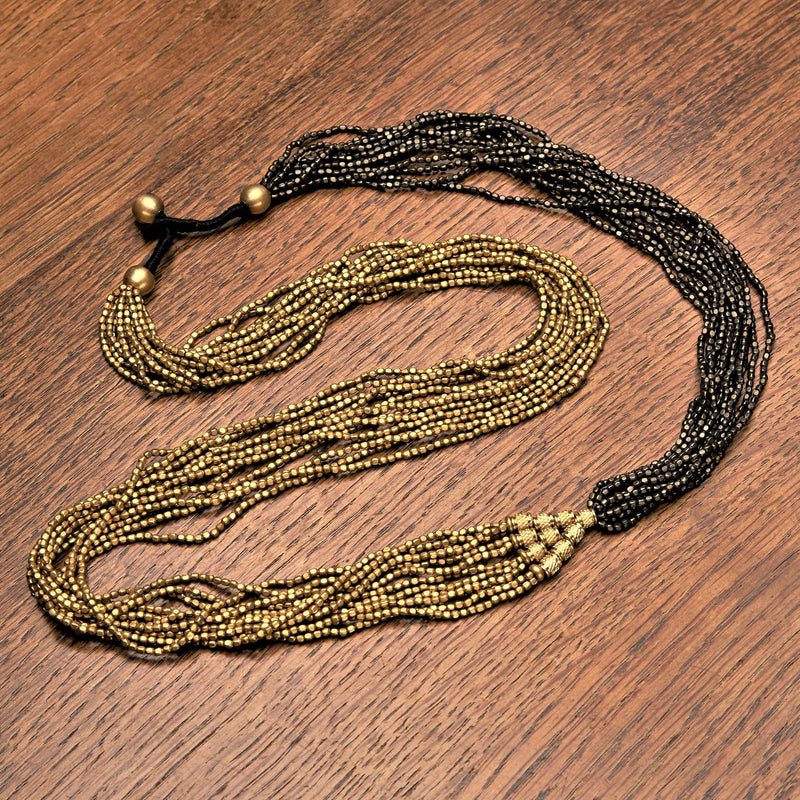 Artisan handmade, long, striped golden and oxidised black brass, beaded multi strand necklace designed by OMishka.