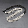 Artisan handmade, long, striped silver toned and black brass, beaded multi strand necklace designed by OMishka.