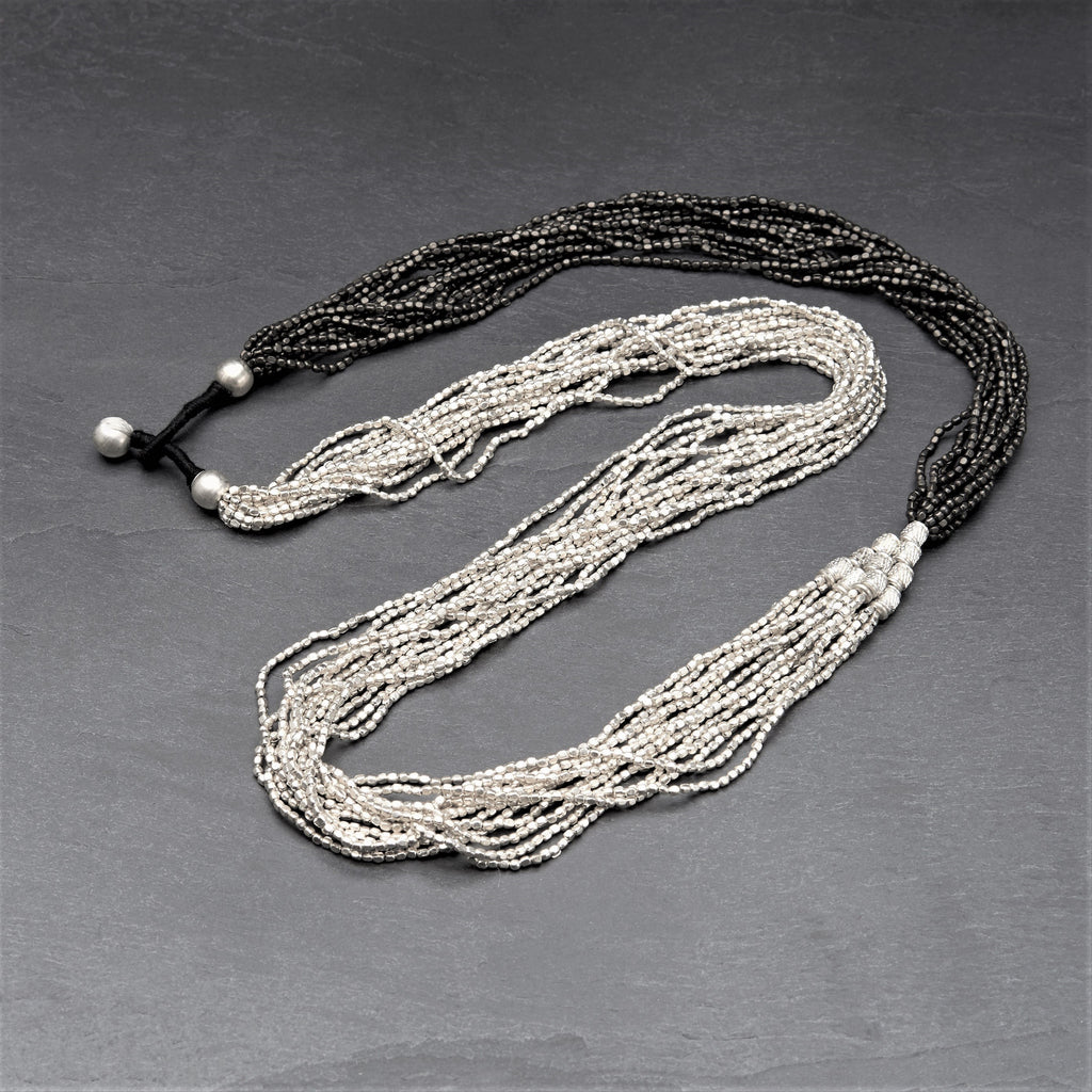Artisan handmade, long, striped silver toned and black brass, beaded multi strand necklace designed by OMishka.