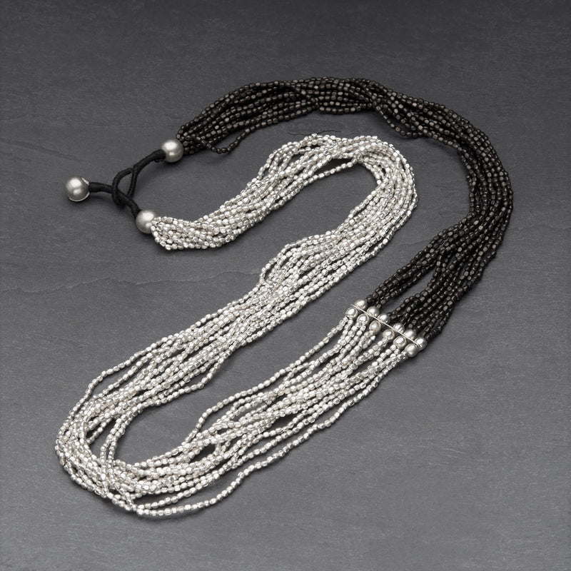 Artisan handmade, striped silver toned and black brass, long beaded multi strand necklace designed by OMishka.