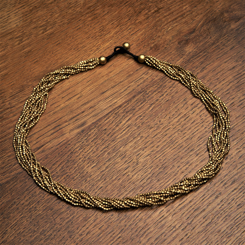 Artisan handmade pure brass, simple and elegant tiny cube beaded multi strand necklace designed by OMishka.
