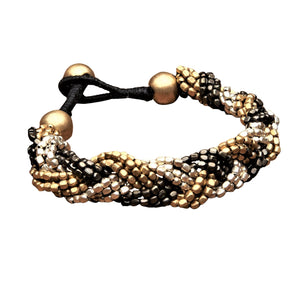Artisan handmade tri colour, silver, golden and oxidised black brass beaded weave bracelet designed by OMishka.