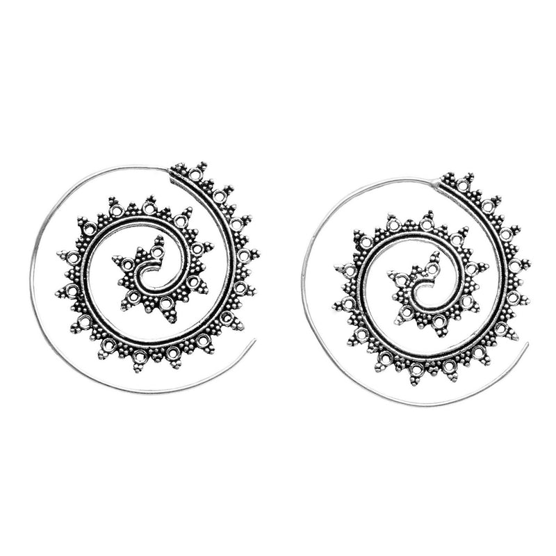 Artisan handmade solid silver, tribal dotted patterned spiral hoop earrings designed by OMishka.