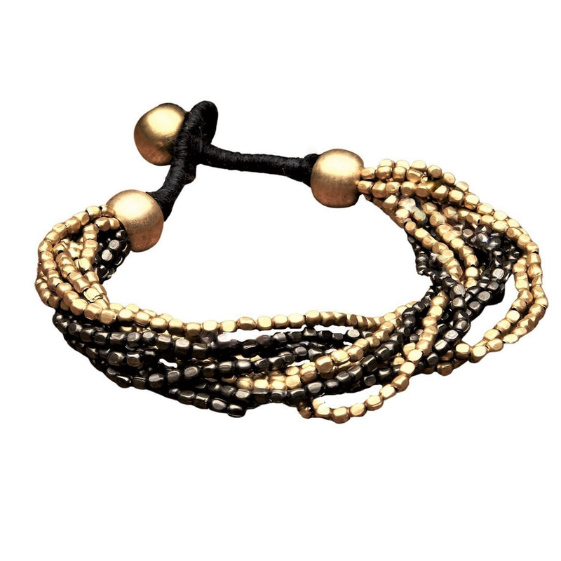 Artisan handmade two tone golden and black brass, tiny cube beaded multi strand bracelet designed by OMishka.