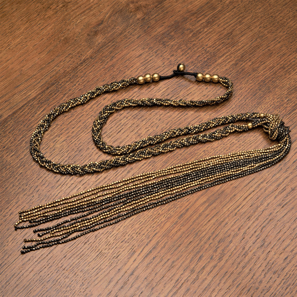 Artisan handmade, long, two tone tiny cube beaded, braided multi strand necklace designed by OMishka.