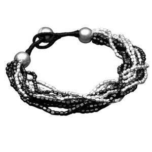 Artisan handmade, two tone oxidised black and silver toned brass, tiny cube beaded multi strand bracelet designed by OMishka.