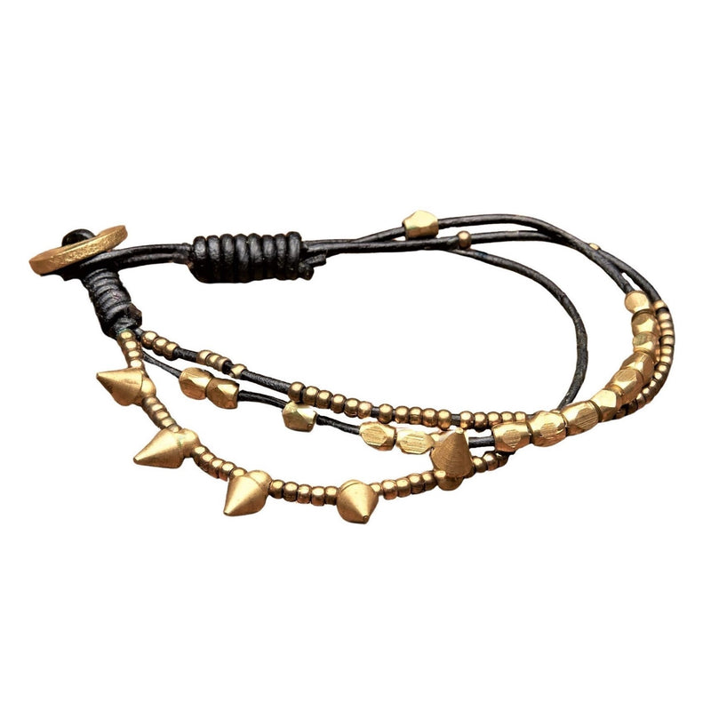 Artisan handmade pure brass beaded, spike charm and black cord dainty bracelet designed by OMishka.