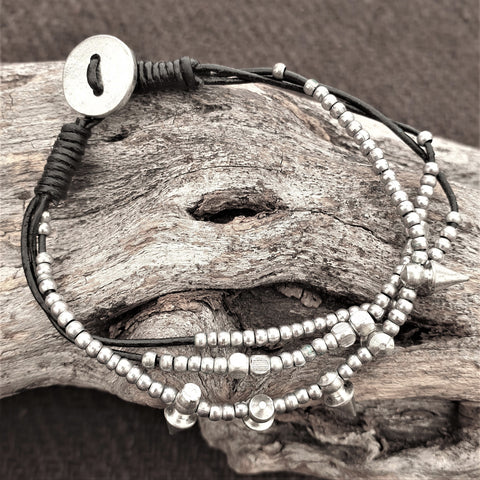 Multi Strand Snake Chain Beaded Silver Bracelet