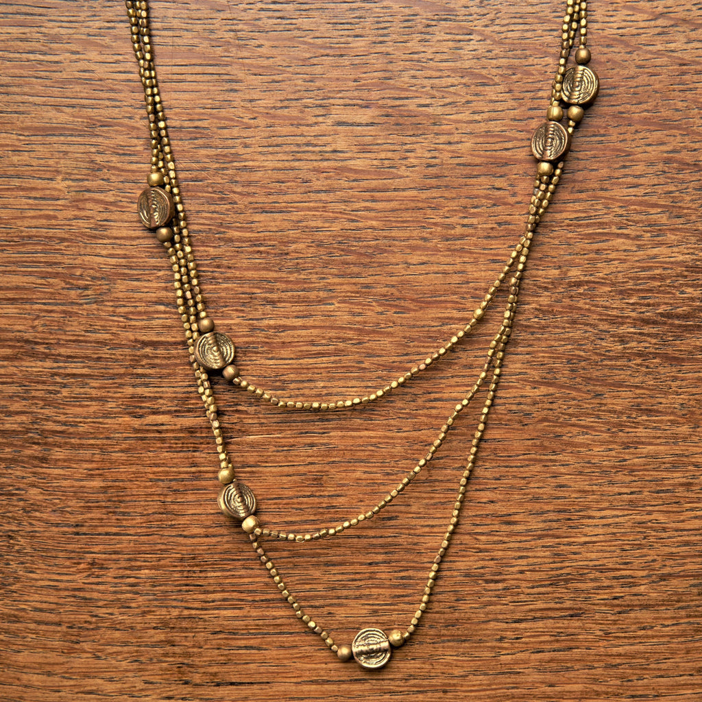 Handmade pure brass, layered three row, charm beaded necklace.