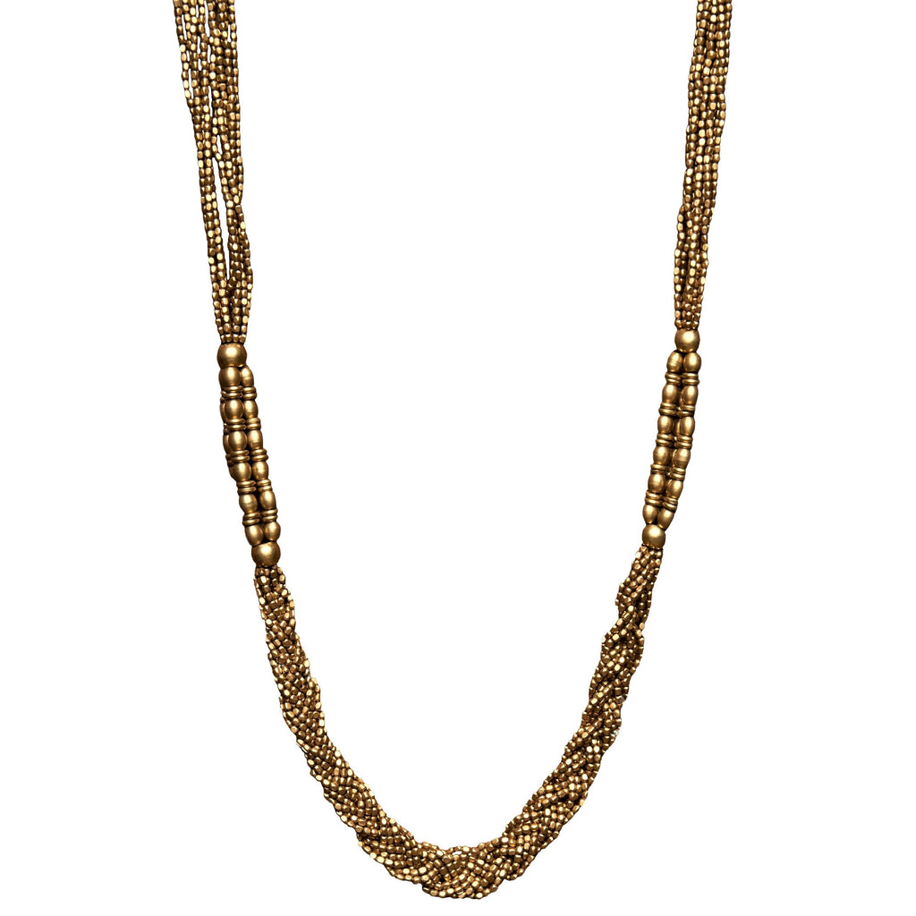 Pure brass, tiny cube beaded, chunky woven multi strand necklace designed by OMishka.