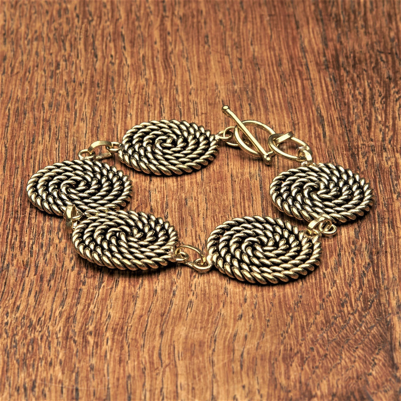 Classy handmade pure brass, five coiled rope spiral detail, adjustable bracelet designed by OMishka.