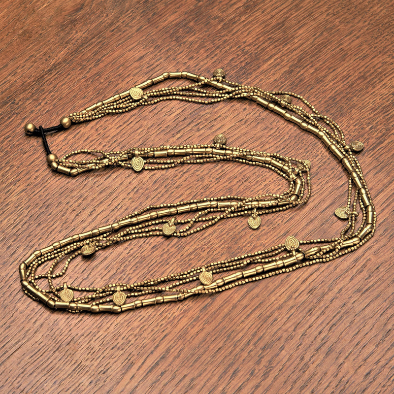 Handmade pure brass, tiny cube and bone beaded, mini tribal disc, long multi strand necklace designed by OMishka.